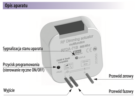 iNELS RF Control – bezprzewodowo sterowany ściemniacz do puszki instalacyjnej dla obciążeń R,L,C do 250VA - RFDA-71B 230V